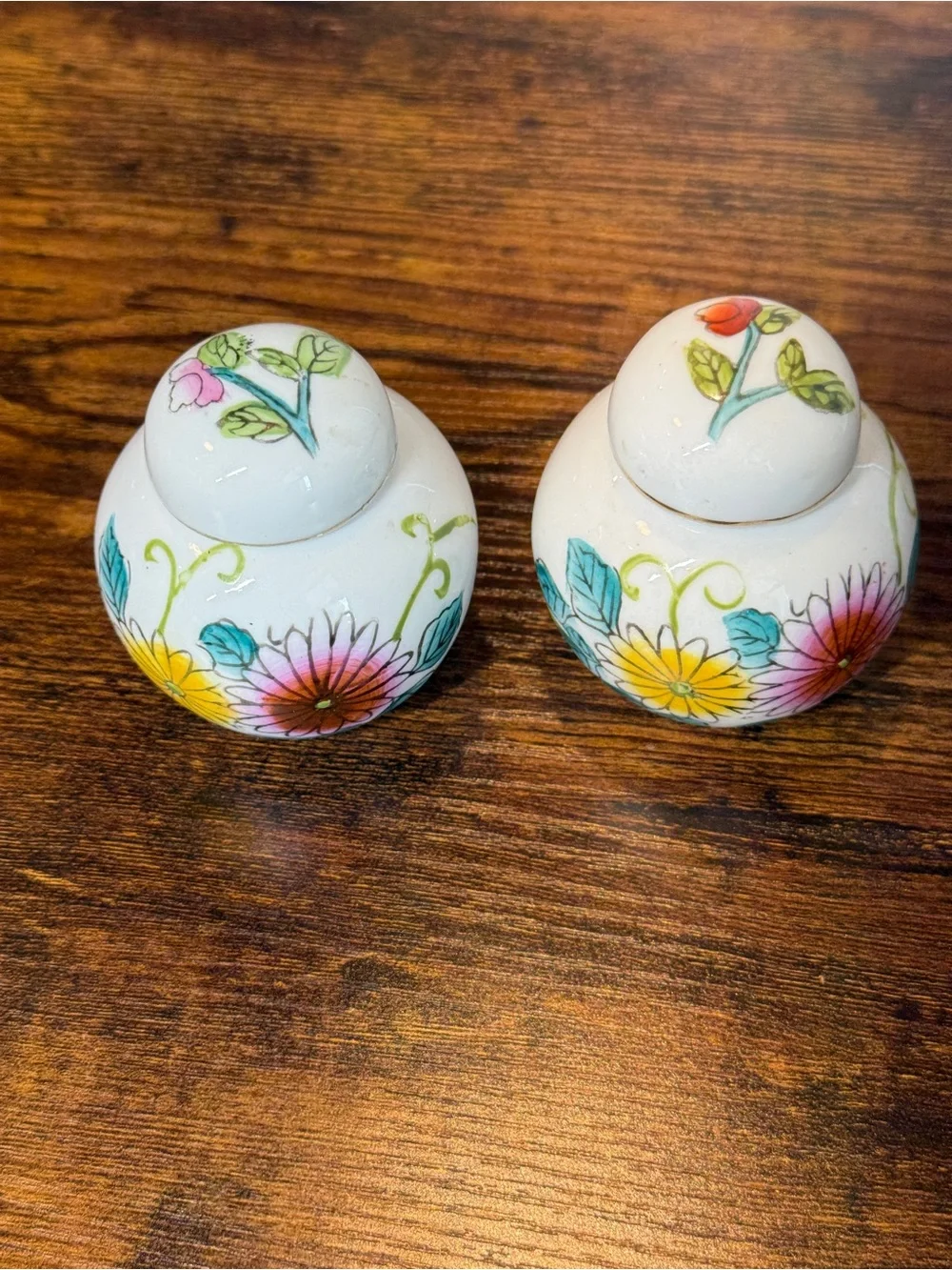 Vintage Hand-Painted Floral Ceramic Mini Ginger Jars with Lids - Pair